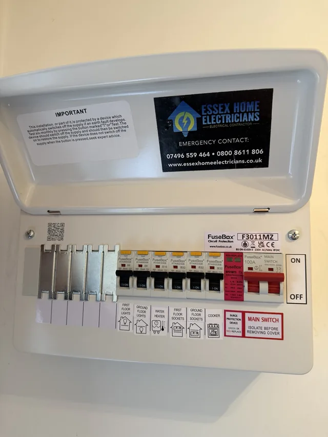 A labelled consumer unit from our project photographs. The equipment for your installation is selected after assessment.